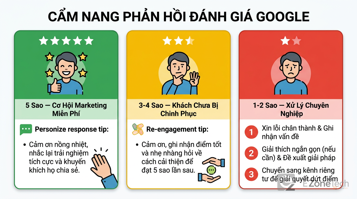 Ba loại đánh giá Google (5 sao, 3-4 sao, 1-2 sao) và cách phản hồi phù hợp cho từng loại