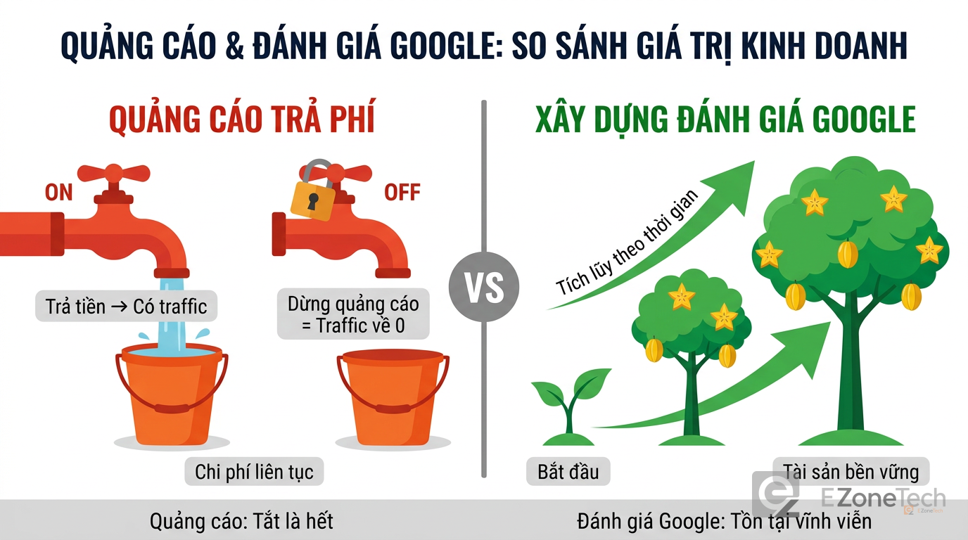 So sánh quảng cáo (tắt là hết traffic) vs đánh giá Google (tài sản tích lũy tăng dần)
