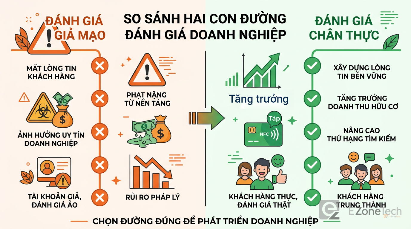 So sánh rủi ro giữa mua review giả và thu thập review thật cho doanh nghiệp Google Maps