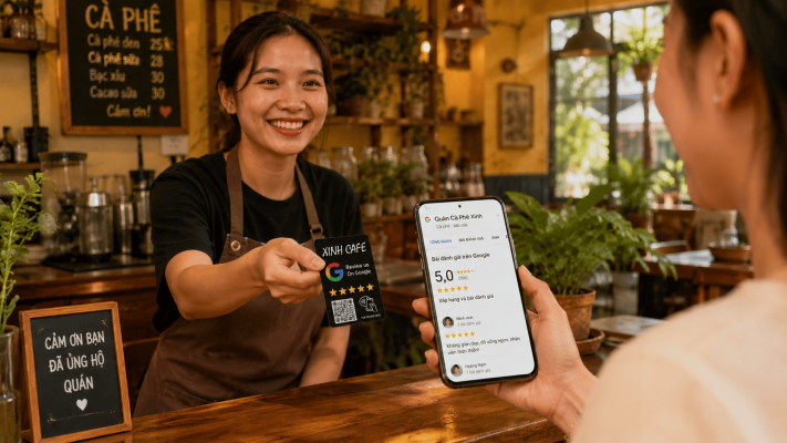 Chủ doanh nghiệp hướng dẫn khách để lại review Google Maps bằng thẻ NFC tại quán cà phê
