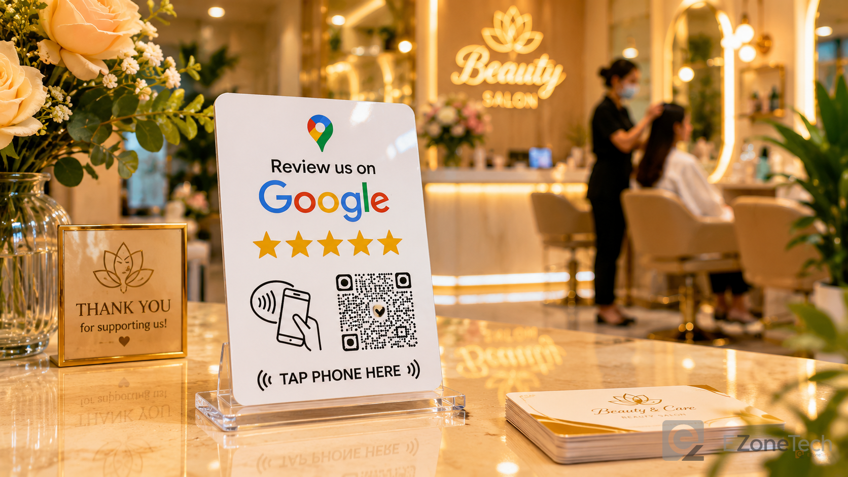 Thẻ NFC Review đặt tại quầy lễ tân salon giúp khách để lại đánh giá Google Maps chỉ với 1 chạm